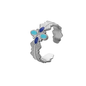 French vintage clover open ring with hammered titanium texture and blue enamel inlay