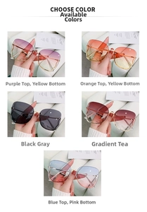 Detail of five gradient lens colors for rimless butterfly sunglasses with gold temples