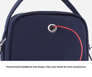 Detail showing the practical earphone hole on back of the blue nylon crossbody bag