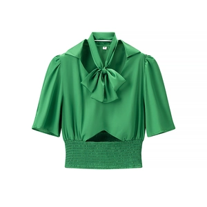 Women's green satin short sleeve top with bow tie neck and elasticated waist