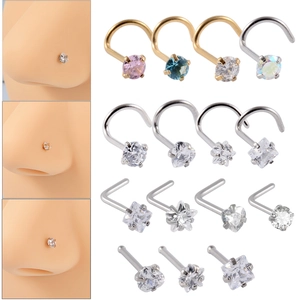 Stainless Steel Zircon Nose Studs L Shape S Shape Straight Post Star Heart Round Square Piercing Jewelry For Women Men