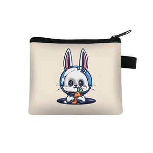 Cute bunny print coin purse in off-white canvas with zipper and strap for kids