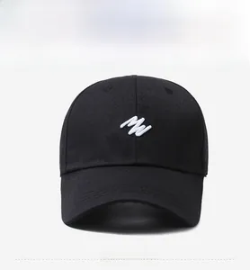 Close-up of white MW embroidery on a black six-panel cotton baseball cap for outdoor sports