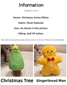 Detail of plush Christmas tree and gingerbread man pillows with soft PP cotton filling
