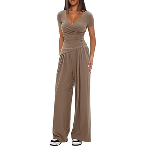 Detail of coffee brown V-neck slim top and high-waisted wide-leg trousers set