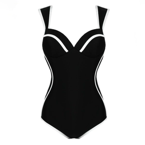 Detailed front view of black one-piece swimsuit with white contrast piping and sweetheart neck