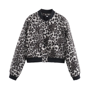 Detail shot of leopard print bomber jacket with ribbed collar and large utility pockets