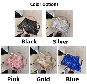 Detail view of sequin tassel clutch bags in five colors with metal handles and straps