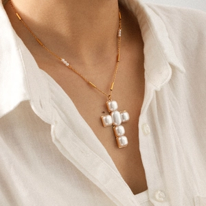 Kreuz Anhänger Halskette Edelstahl Künstliche Perle Gold Überzogen Handgefertigt Vielseitig Schmuck Für Damen