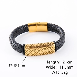 Men Braided Leather Bracelet With Gold Plated 304 Stainless Steel Magnetic Clasp Grid Texture Simple Fashion Jewelry