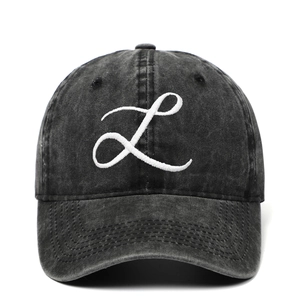 Vintage washed dark grey cotton baseball cap with white embroidered letter L on front