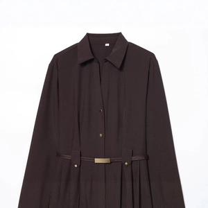 Dark brown long sleeve shirt midi dress with a stylish gold-buckle belt on white backdrop