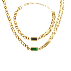 18K gold plated chain necklace set with rectangular black and green zircon gemstones