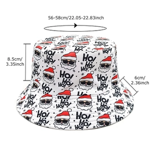 White Christmas bucket hat with Santa print and size details: 56-58cm head circumference