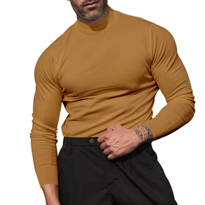 Detail of caramel high-neck long sleeve slim fit top with focus on the mock neck collar