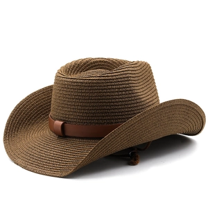 Adjustable brown straw cowboy hat with wide brim and leather band for outdoor beach sun protection