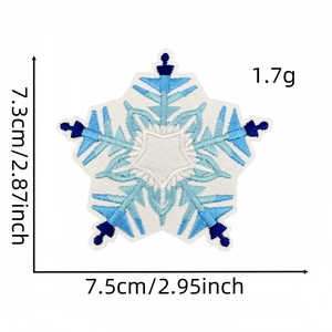 Blue and white snowflake embroidery patch showing dimensions 7.5cm x 7.3cm and weight 1.7g