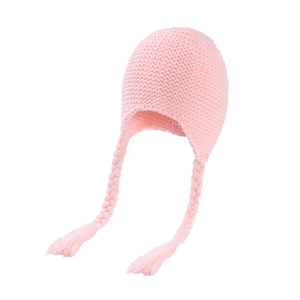Detail of pink knitted baby hat featuring warm earflaps and braided tassel ties