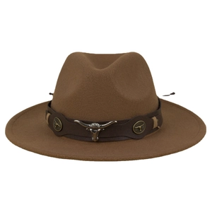 Brown western felt jazz hat with wide brim, leather band, and silver bull head ornament