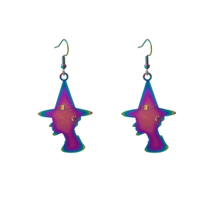 Macro shot of iridescent witch silhouette earrings with gradient metallic finish