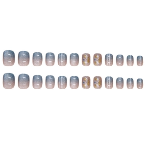 Short square 24pcs press-on nails set with blue cat-eye glitter gradient design
