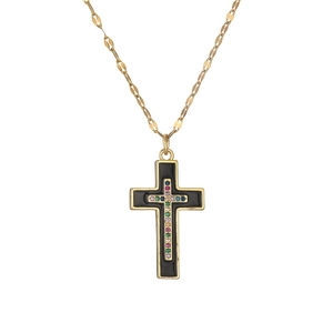 Classic vintage gold cross necklace with black enamel inlay and colorful gemstones