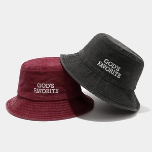 Bobs en coton délavé vintage avec broderie God's Favorite et œillets métalliques