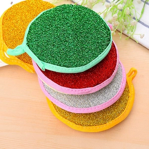 5-pack round double-sided dish sponges in sparkling gold red and green colors
