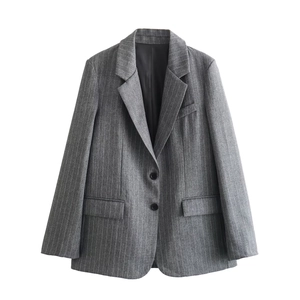 Classic gray pinstripe wool blend blazer with notched lapels and double-button closure