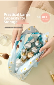 Close-up of light blue floral makeup bag showing spacious interior with skincare bottles