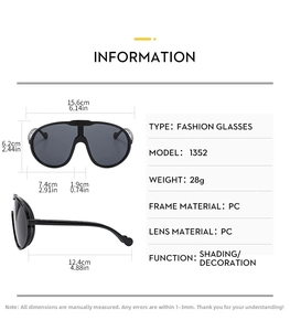 Detailed size guide with measurements for oversized sports cycling sunglasses