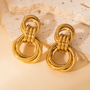 Polished 18K gold plated stainless steel intertwined multi-ring stud earrings for women