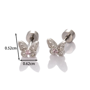 Silver butterfly earrings with pink cubic zirconia and small stones on white background