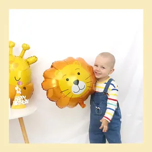 Lion and giraffe animal head foil balloons set with Happy Birthday party hat decor