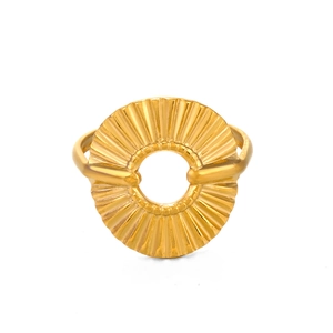 18K gold plated stainless steel geometric hollow ring with sunburst pleated texture