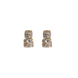 Elegant gold-plated square halo earrings featuring sparkling crystals on white background
