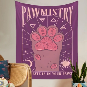 Detail of purple Pawmistry tapestry showing fate hand palmistry and occult cat paw symbols