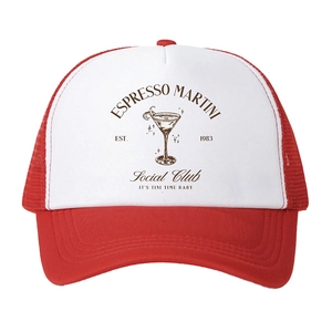 Espresso Martini red and white mesh trucker hat with adjustable snapback strap