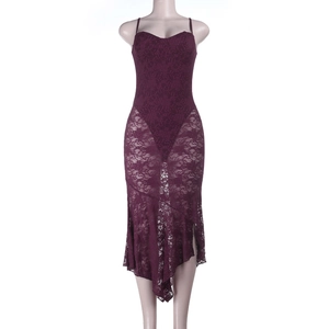 Close-up of deep purple lace dress showing sheer texture and intricate floral patterns