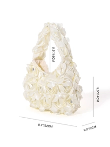 Detailed size dimensions of white satin evening bag with floral rhinestone texture