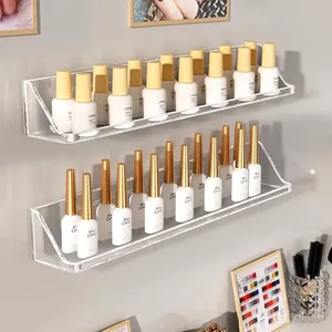 Wall-mounted clear acrylic nail polish organizer shelves with tiered U-shape design