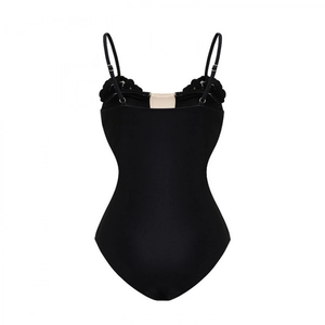 Elegant black one-piece swimsuit with scalloped trim and adjustable straps for women