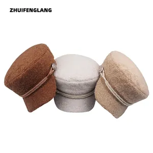Newsboy Hat Sherpa Lambswool Warm Winter Sailor Cap Retro Woven Rope Metal Button Fashion Flat Top Accessory For Women