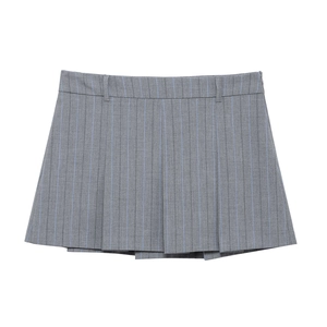 Minigonna Pieghe Donna Gessata Stile Preppy Vita Alta Linea A Grigio Blu Poliestere Cerniera Passanti Cintura