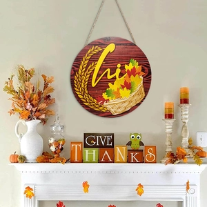 Round Wooden Door Sign 3D Hi Lettering Fall Maple Leaves Wheat Ears Basket Decor For Autumn Thanksgiving Farmhouse