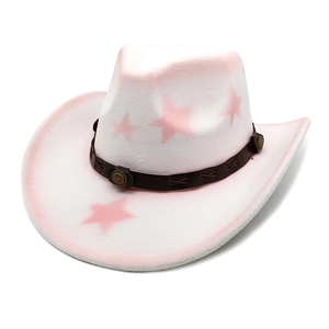 Close-up of white felt cowboy hat with pink stars and brown leather studded band
