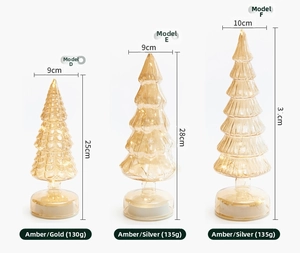 Three sizes of amber glass Christmas trees with warm LED lights and metallic accents