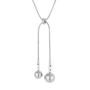 Adjustable silver snake chain necklace with Y-shaped slide and polished bead pendants