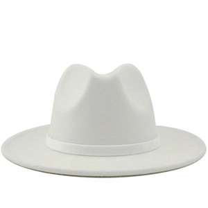 Close-up of a white wool felt fedora with a flat brim and elegant matching ribbon