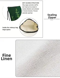 Detail view of large linen cosmetic bag with plant pattern and non-slip alloy zipper
